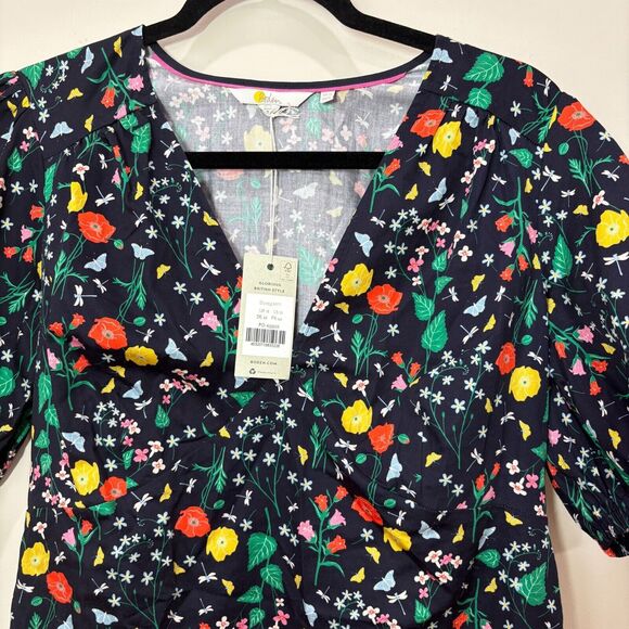 Boden NWT Navy Blue Floral Mini Dress 12 Cotton Puff Sleeves Spring Mod Garden - Picture 3 of 10